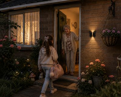 Grandmother welcoming her granddaughter at the front door with butterfly solar wall light creating a warm evening glow
