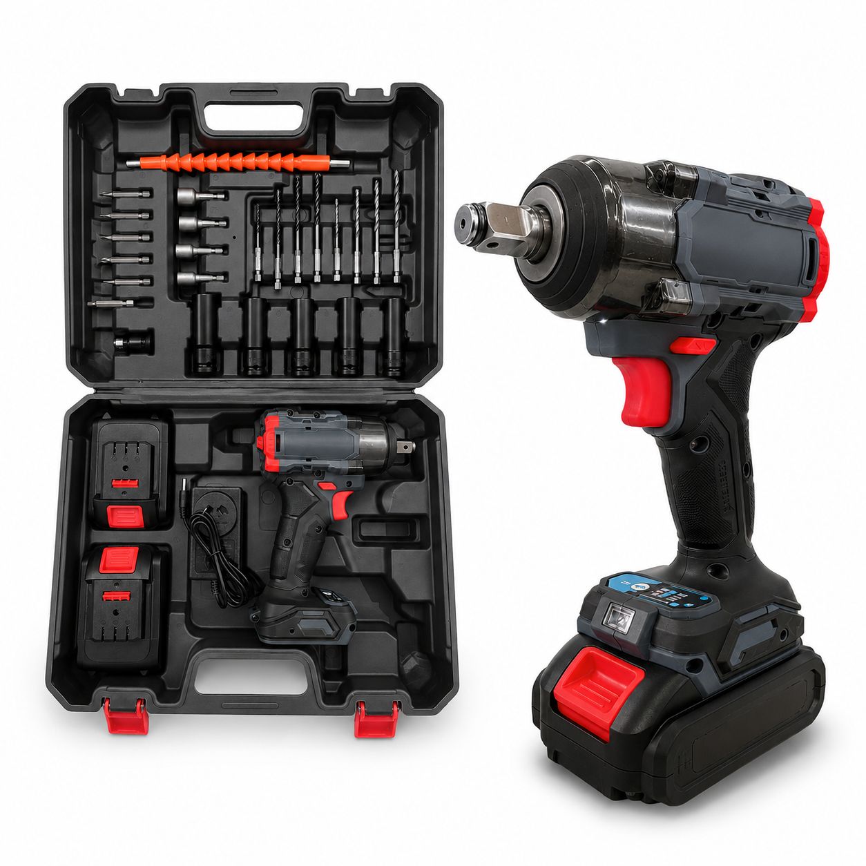21V brushless cordless impact wrench kit with 2 batteries, charger, impact sockets, drill bits and carry case. Features a hea