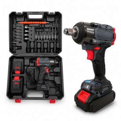 21V brushless cordless impact wrench kit with 2 batteries, charger, impact sockets, drill bits and carry case. Features a hea