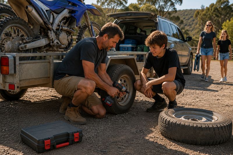 Cordless impact wrench being used to replace a trailer wheel at a motocross park. Ideal for trailer maintenance, wheel nuts