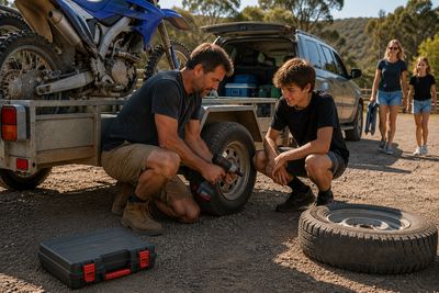 Cordless impact wrench being used to replace a trailer wheel at a motocross park. Ideal for trailer maintenance, wheel nuts