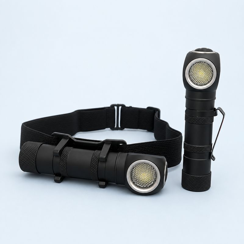 Rechargeable LED EDC Head Torch – Clip-On Work Light – Type-C Rechargeable right-angle LED head torch with adjustable headband and removable clip-on EDC work light.