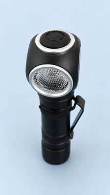 Rechargeable right-angle LED EDC torch with pocket clip, compact aluminium body and forward-facing work light.
