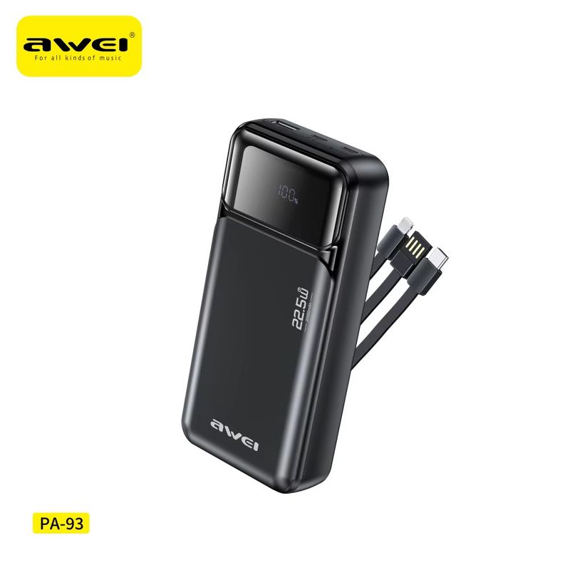 20000mAh 22.5W Fast Charge Power Bank with Built-In Cables