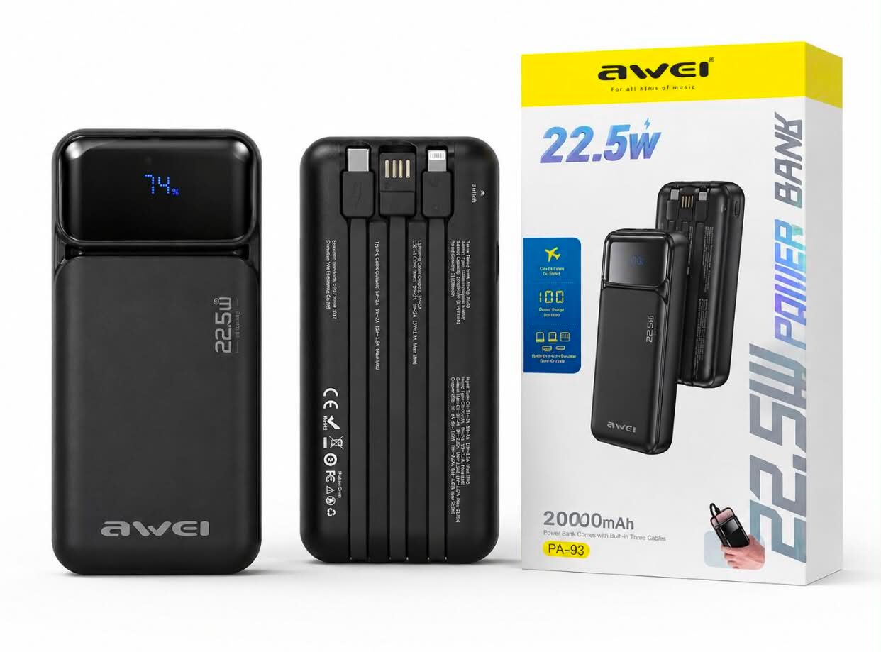20000mAh 22.5W Fast Charge Power Bank with Built-In Cables