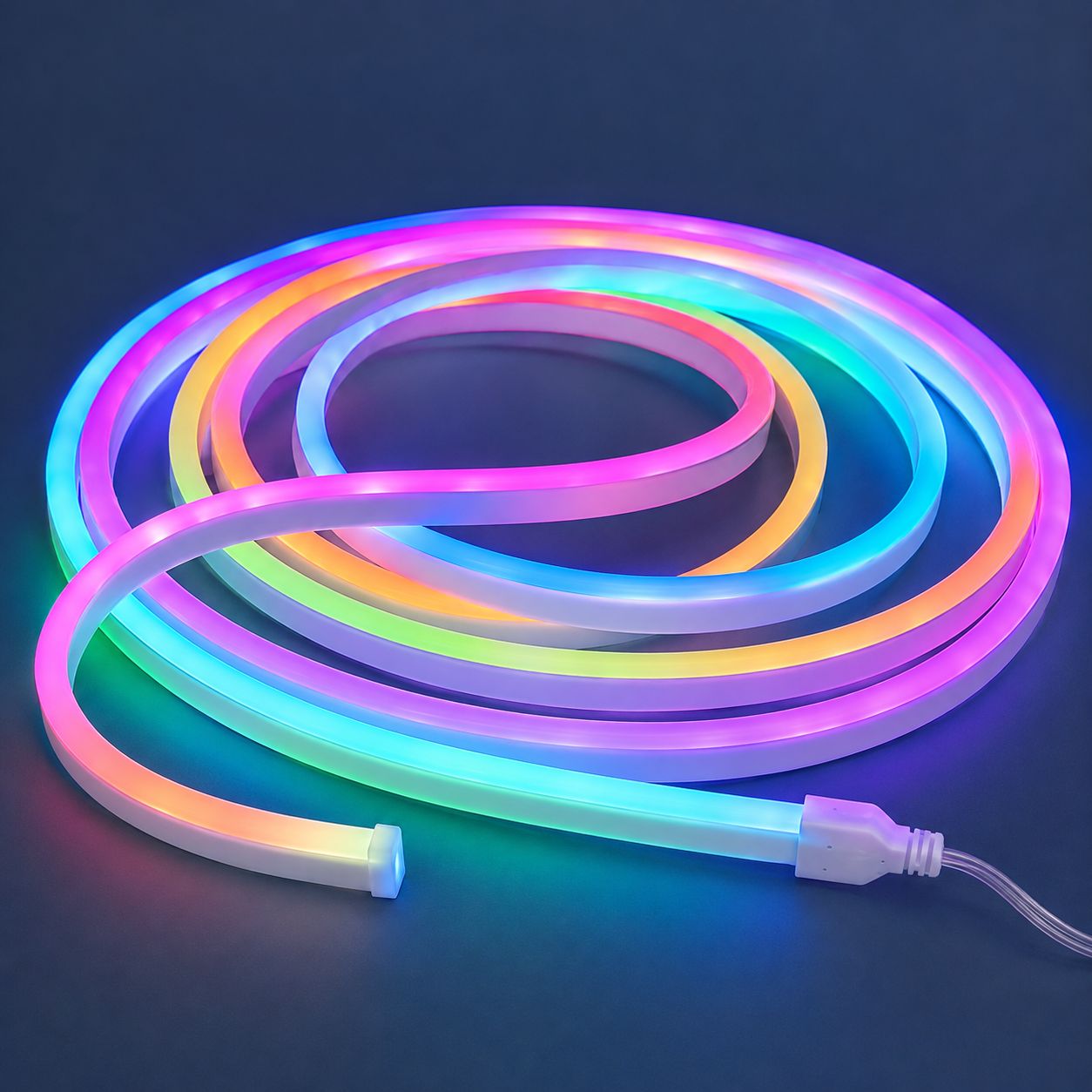 5m RGB flexi neon strip light loosely coiled and glowing in vibrant pink, blue, green and orange colours.
