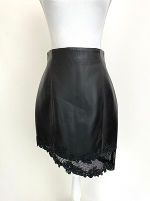 Balmain, Black/Embroidery Mesh Asymmetrical High Waisted Leather Skirt, Size 40