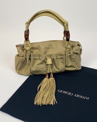 Giorgio Armani Bag, Camel Vintage Fabric/Leather Tassel Bead Lacing Detail Shoulder Bag Emb Logo