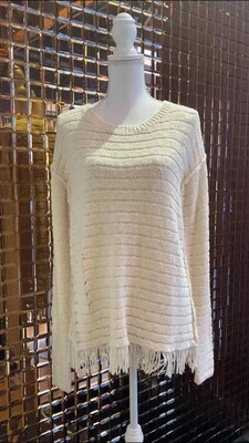 Pam & Gela, Cream Horizontal Open Cotton Knit Tassel Hem L/Slv Jumper W/Tie Back Detail, Size M