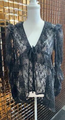 The Kooples, Black/Gold/Silver Glitter Frill Tie Neck Covered Button Front And Cuff Lace Shirt W/Dropped Hem, Size 2