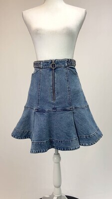 Lover, Blue Pleat Flounce Hem Braided Waist Denim Skirt, Size 8
