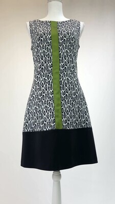 Tuzzi, White/Grey/Black Animal Print Green Ribbon A-Line S/Less Dress, Size US8/GB12