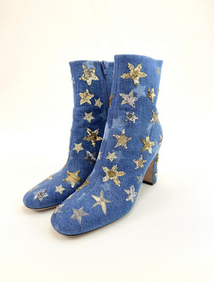 Valentino Blue/gold/silver Star Sequin Embroidery Embellished Denim Ankle Midi Boots . Size 38