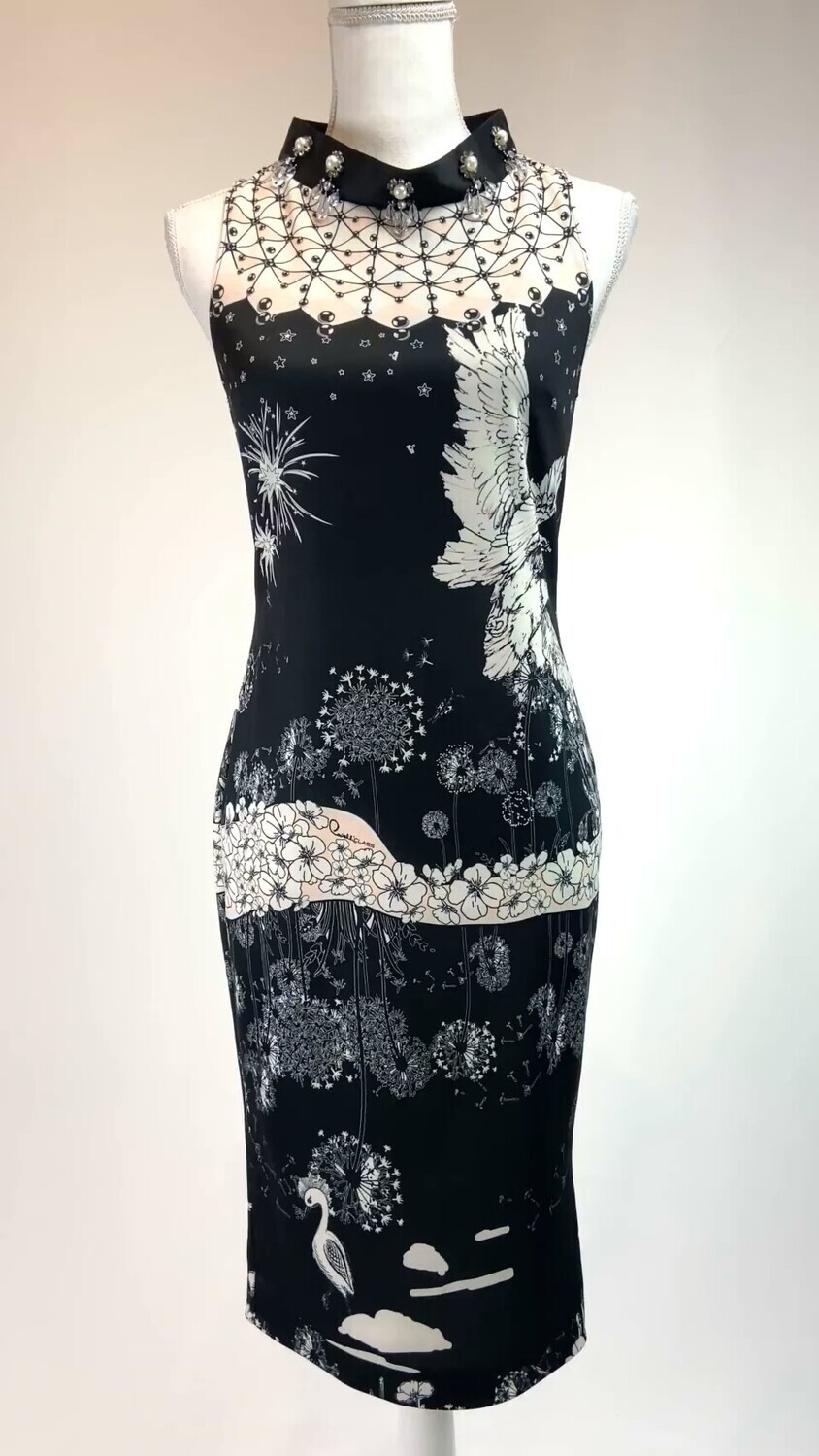 Cavalli Class, Black/Whte/Blush Bird Print Beaded Neckline S/Less Dress,  Size US4/40, $179.00