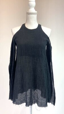 KitX, Black Textured Cheesecloth Bare Shoulder Slit L/Slv Linen Top W/Side Slit 1/2 Lined, Size 6