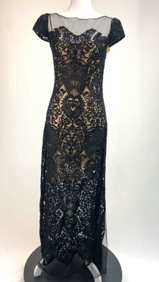 Carla Zampatti, Black Lace/Tulle Maxi Dress W/Nude Slip, Size XS/S