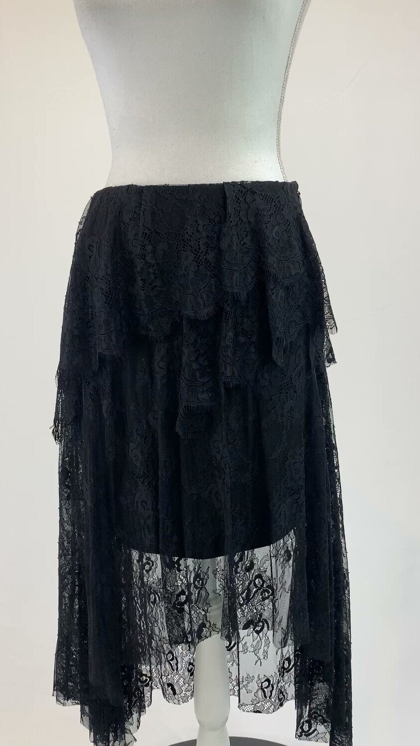White Suede, Black Asymmetrical Frill Lace Skirt, Size 10