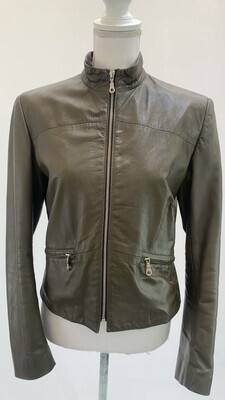 Atelier, Military Green Zip Front Sheepskin Leather Jacket, Size 12