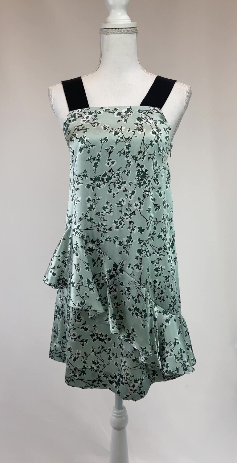 Lover, Mint Green/Black Floral Ribbon Strap Silk Dress, Size 6
