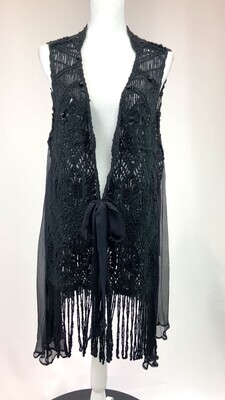 Daniela Dallavalle Elisa Cavaletti, Black Shimmer Crochet Knit Sheer Panelled S/Less Cardigan W/Tassel And Bead Trim, Size M/L