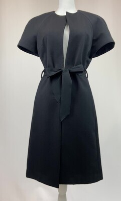 Thurley, Black Ribbon Tie Waist S/Slv Dress Coat, Size 14