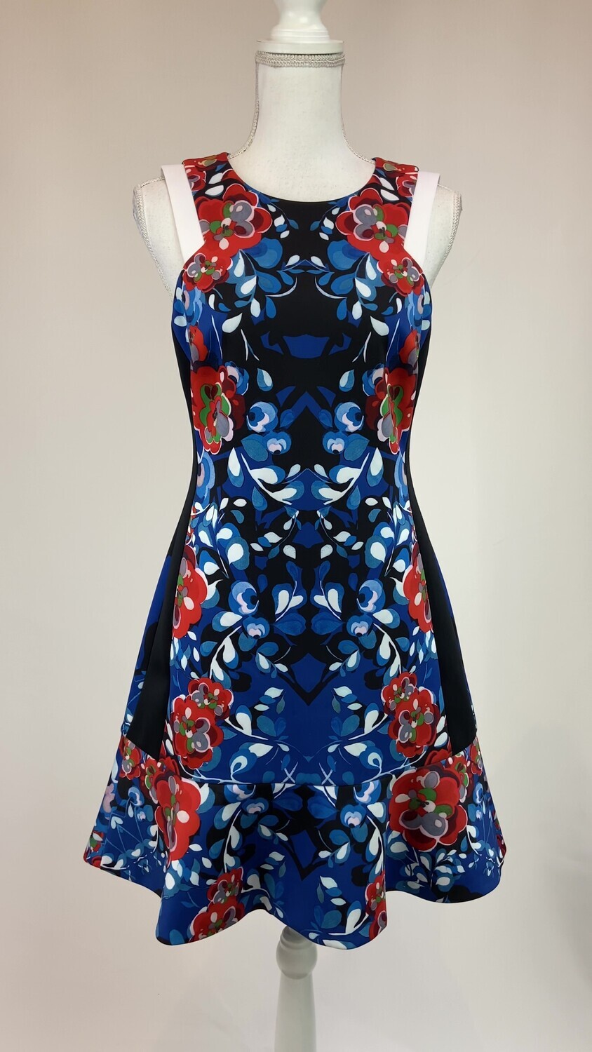 Karen Millen, Blue/Red/Black Print S/Less Flounce Hem Dress, Size US8/UK12
