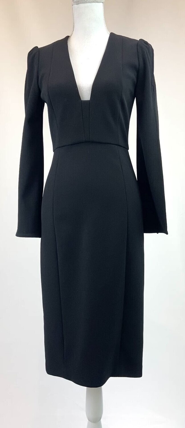 White Suede, Black Plunge V Neckline Split L/Slv Midi Dress, Size 8