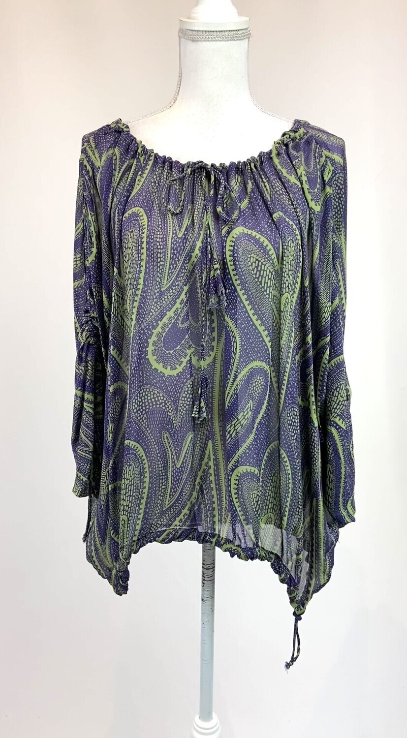 Ottodame, Purple/Green Print D/String Trims Blouse, Size US6/GB10