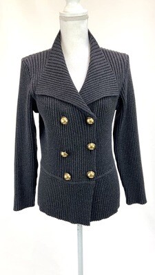 Carine, Charcoal Grey Ribbed Flap Collar Double Breasted Cardigan, Size 3