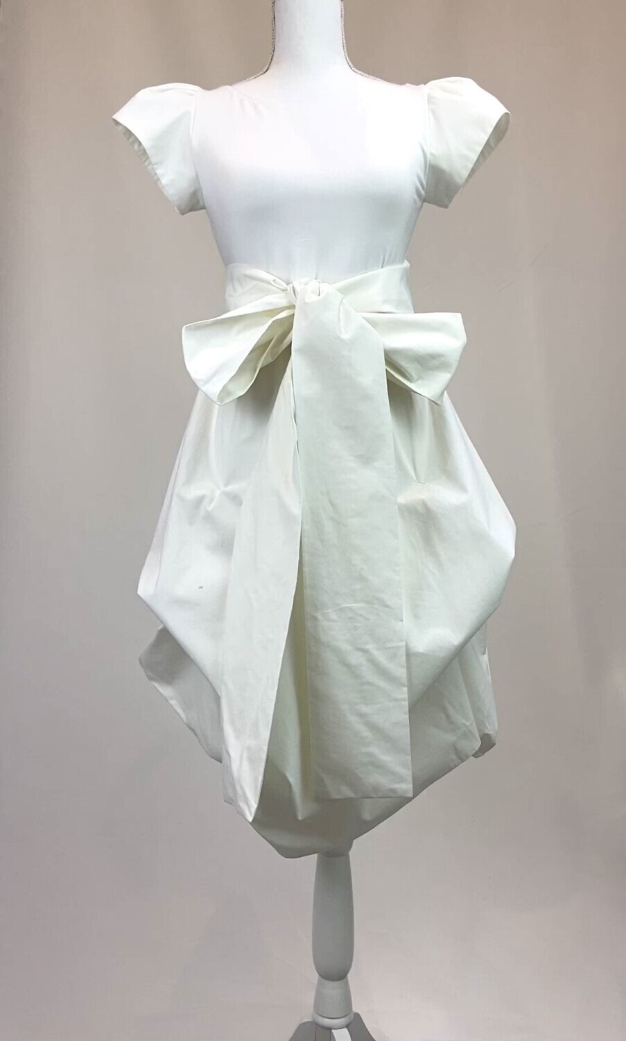 Ioanna Kourbela, White Fitted Bodice Gather Cap Slv Midi Dress W/Sash Tie Belt, Size M