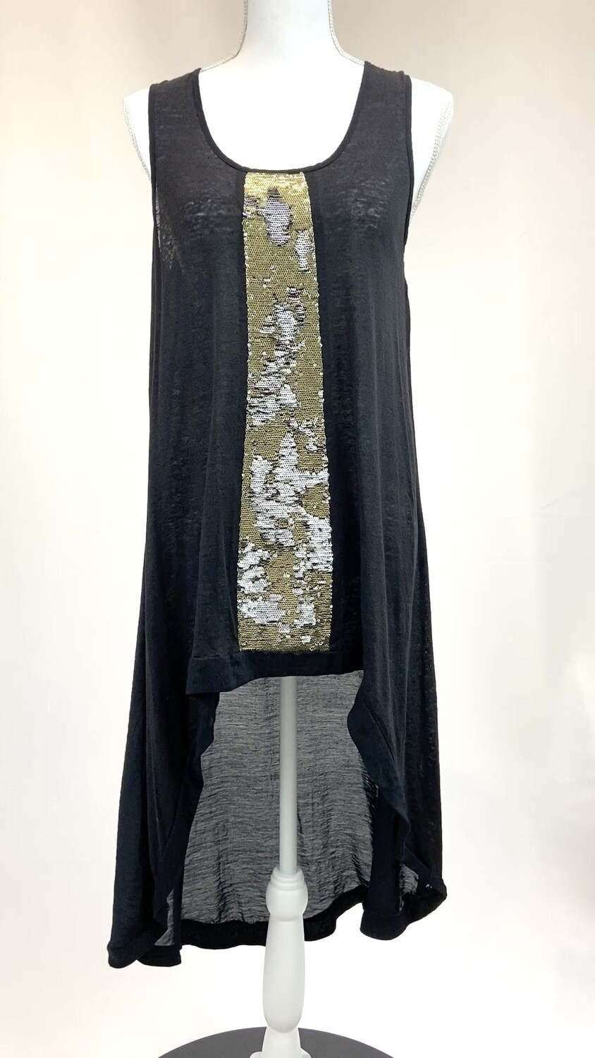 Sally Phillips, Black/Gold Sequin Front Drop Back Hem Bamboo Blend S/Less Long Top, Size 8