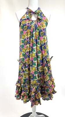 EP by Easton Pearson, Blues/Pink/Greens Gathered Tie Neckline Pkt Frill Hem S/Less Dress, Size 10
