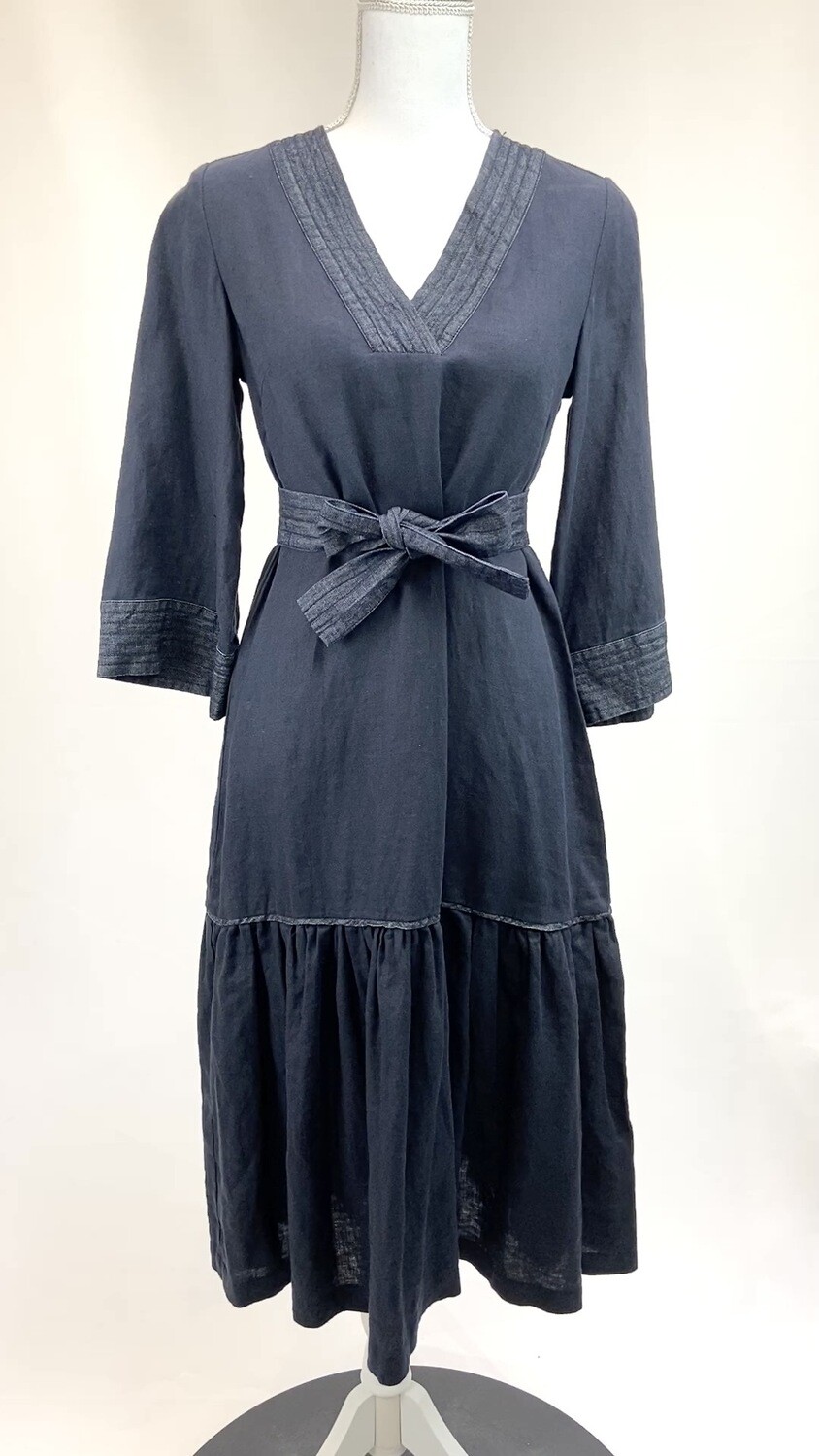 Gorman, Indigo/White Wide 3/4 Slv Dress W/Tie Belt, Size 6