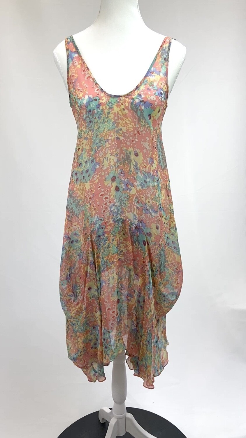 Megan Park, Pinks/Blues/Yellow Print V- Neck Drape Pleat S/Less Dress W/Silk Slip, Size 0
