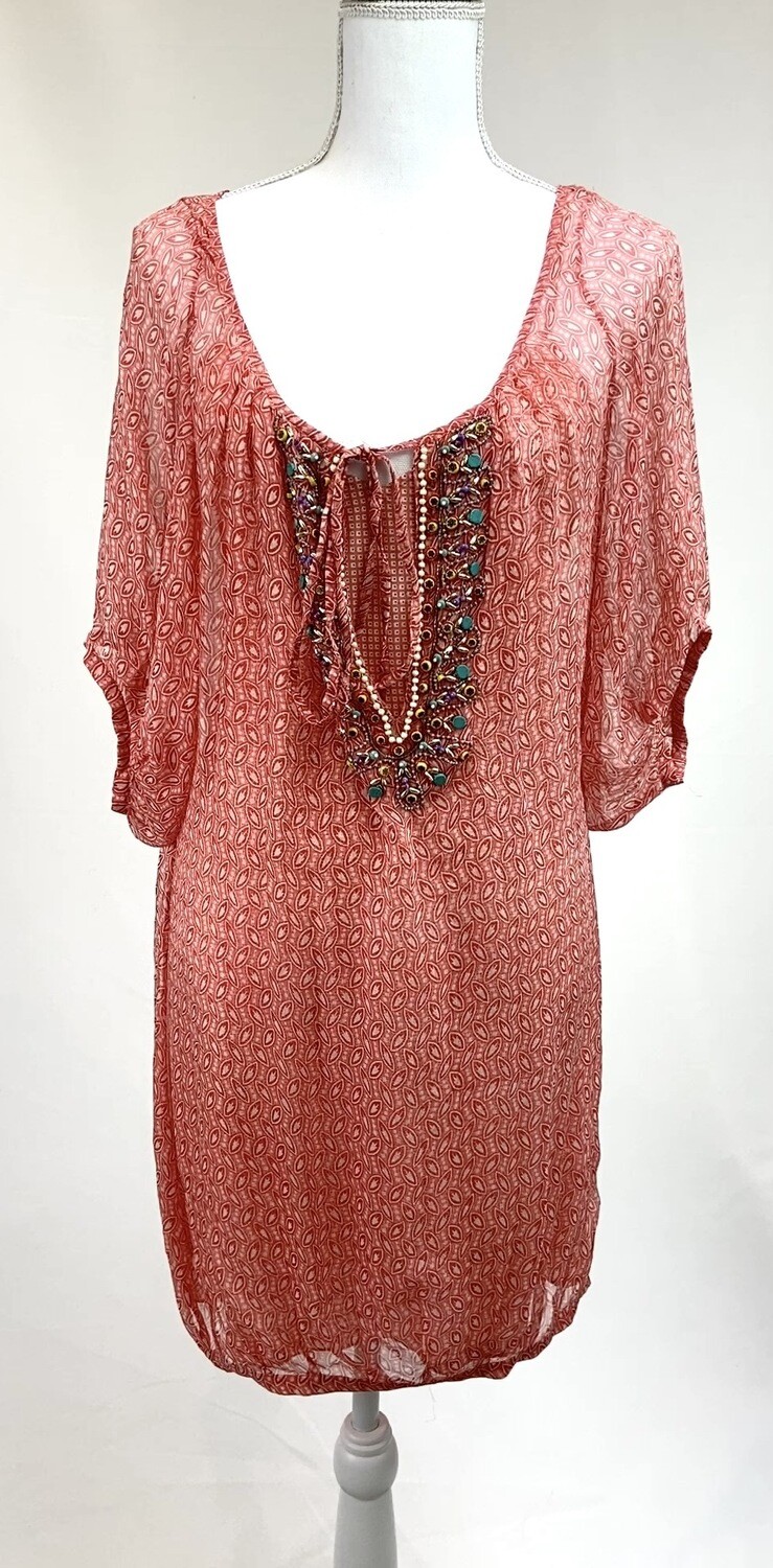 Megan Park, Orange/White Print Beaded Tie Neckline Silk S/Slv Dress W/Print Slip, Size 0