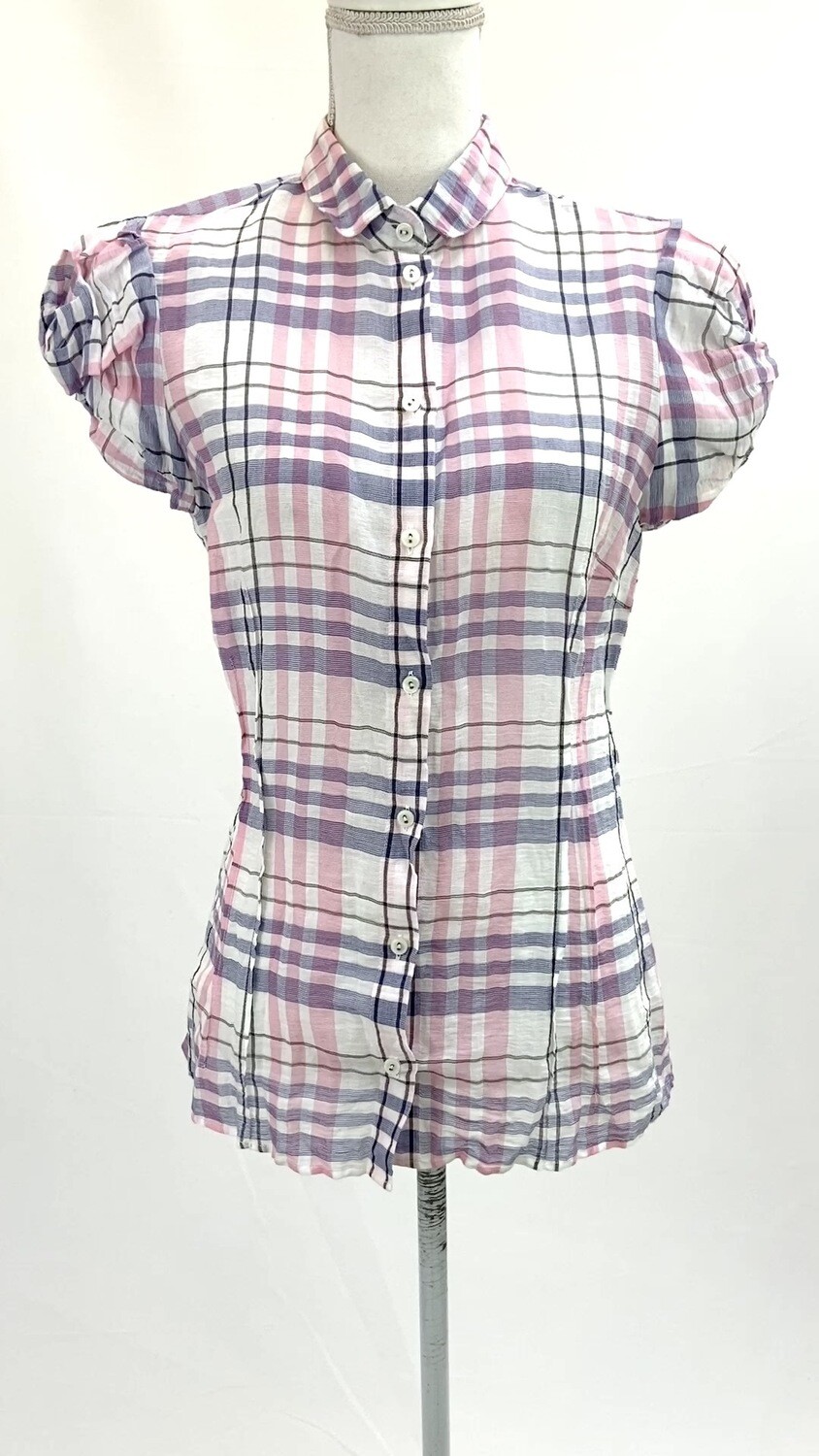 Boss Orange, White/Pinks/Purple Check Pleat Cap Slv Shirt, Size US6/UK8