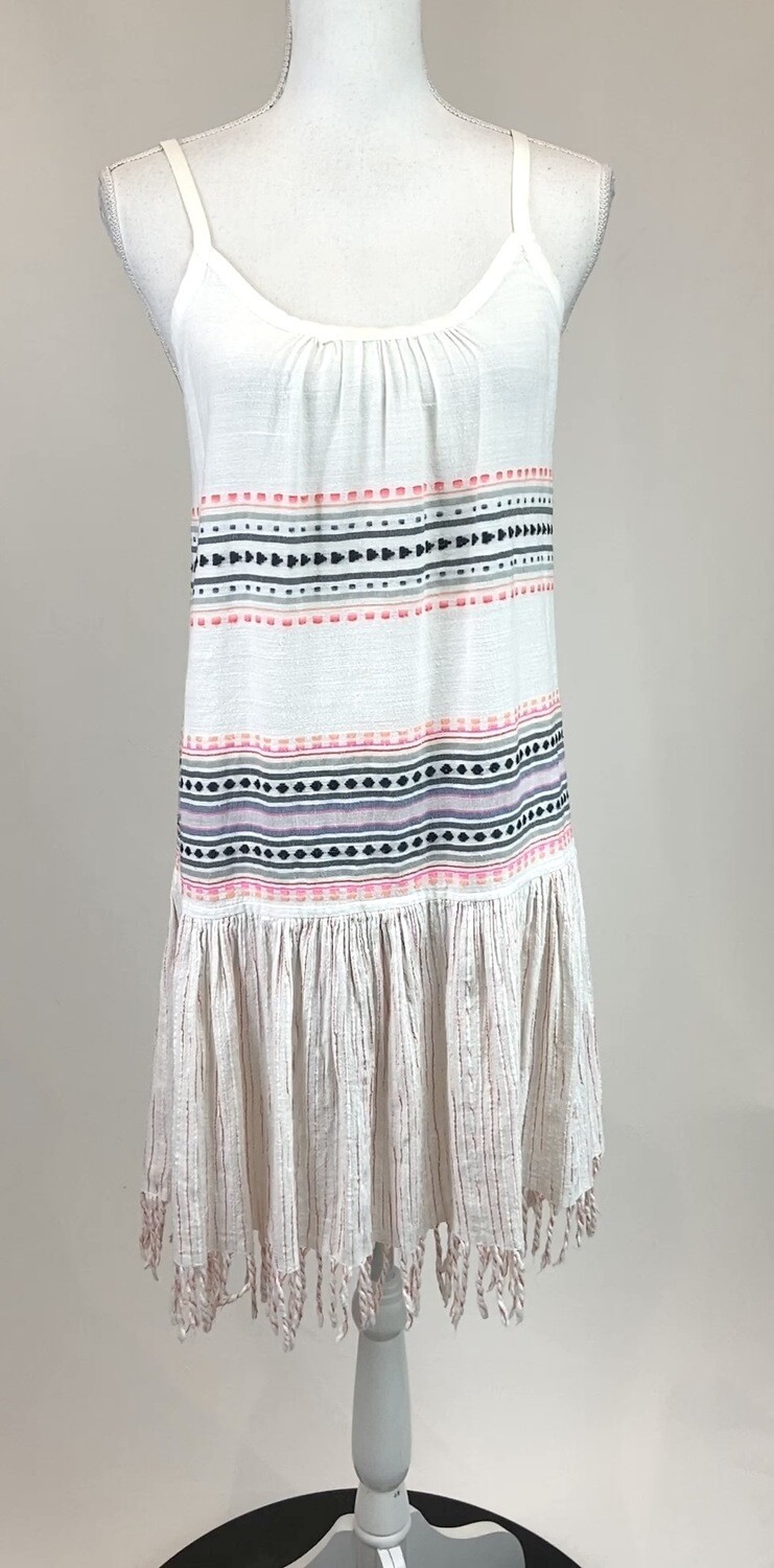 lemlem, White/Pinks/Grey Embroidered Tassel Hem Strappy Full Hem Dress, Size XS