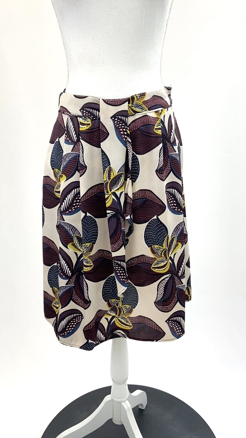 Kookai, Beige/Burgandy/Yellow Floral Print Pleat Layered Wrap Skirt, Size 36
