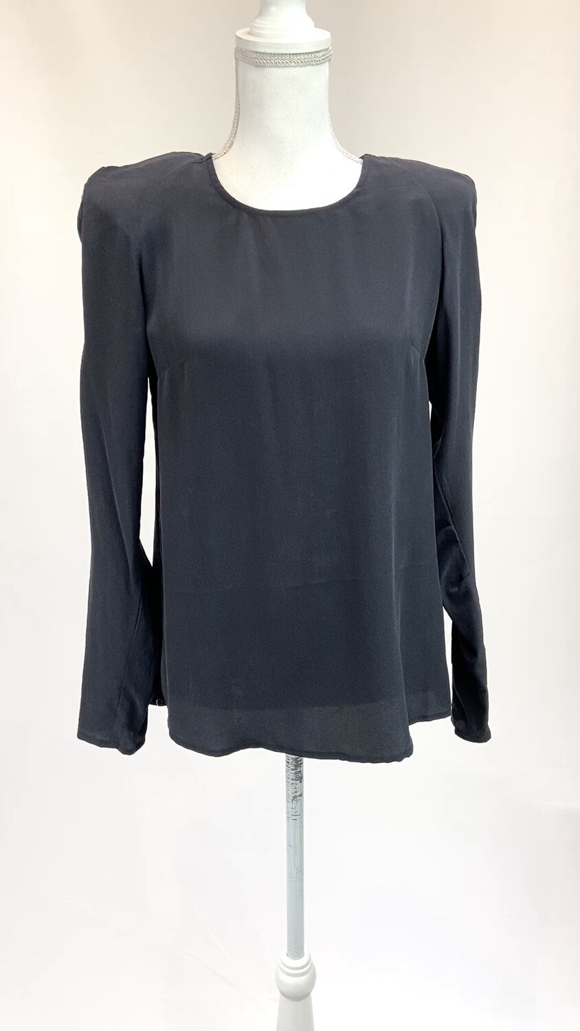 Therese Rawsthorne, Black Ruched L/Slv Silk Top W/Shoulder Pad, Size 8