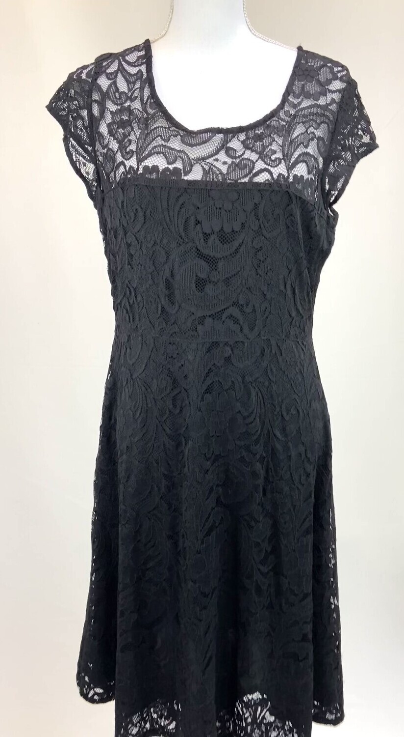 Cooper, Black Lace Flare Hem Cap Slv Dress, Size 12