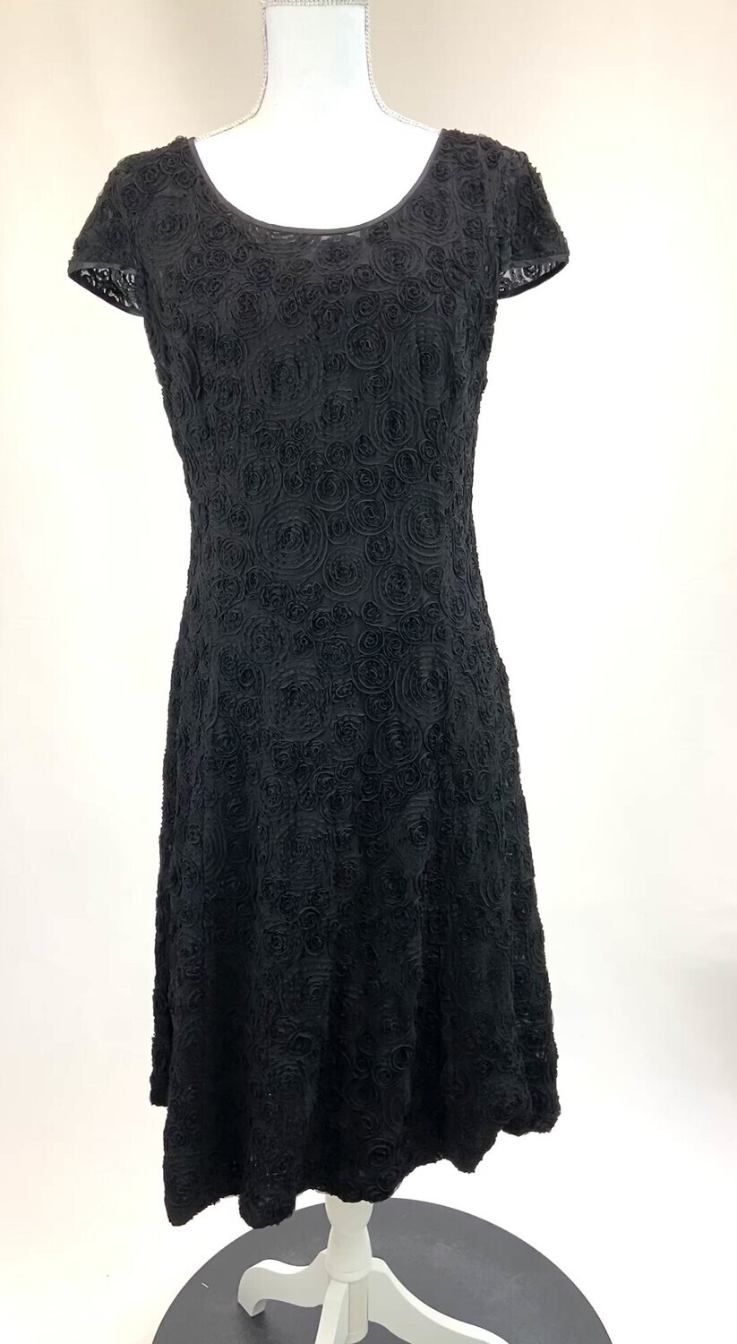 Lisa Barron, Black Spiral Circle Textured Cap Slv Dress, Size 12