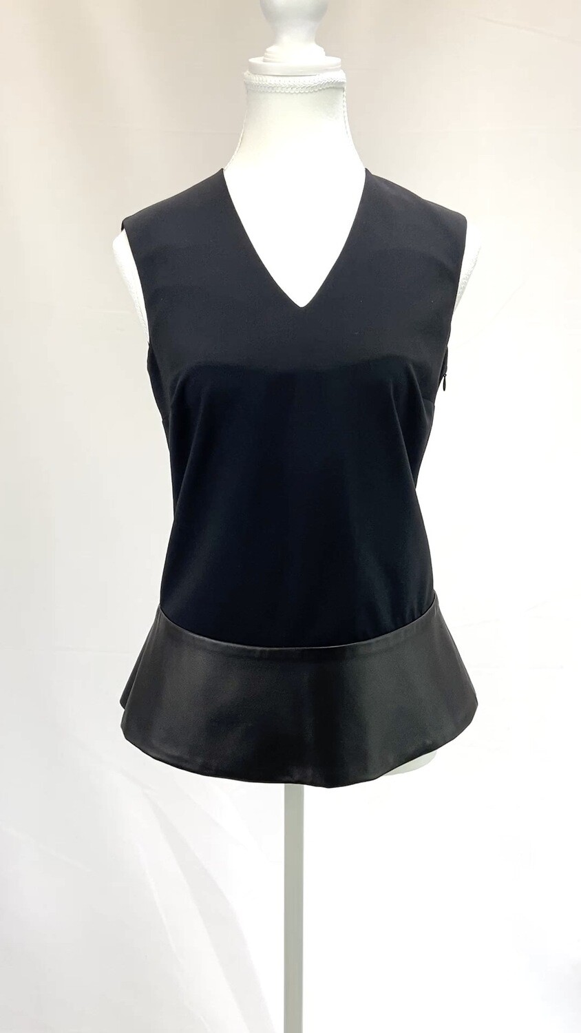 Piazza Sempione, Black V-Neck Leather Hem S/Less Top, Size 38