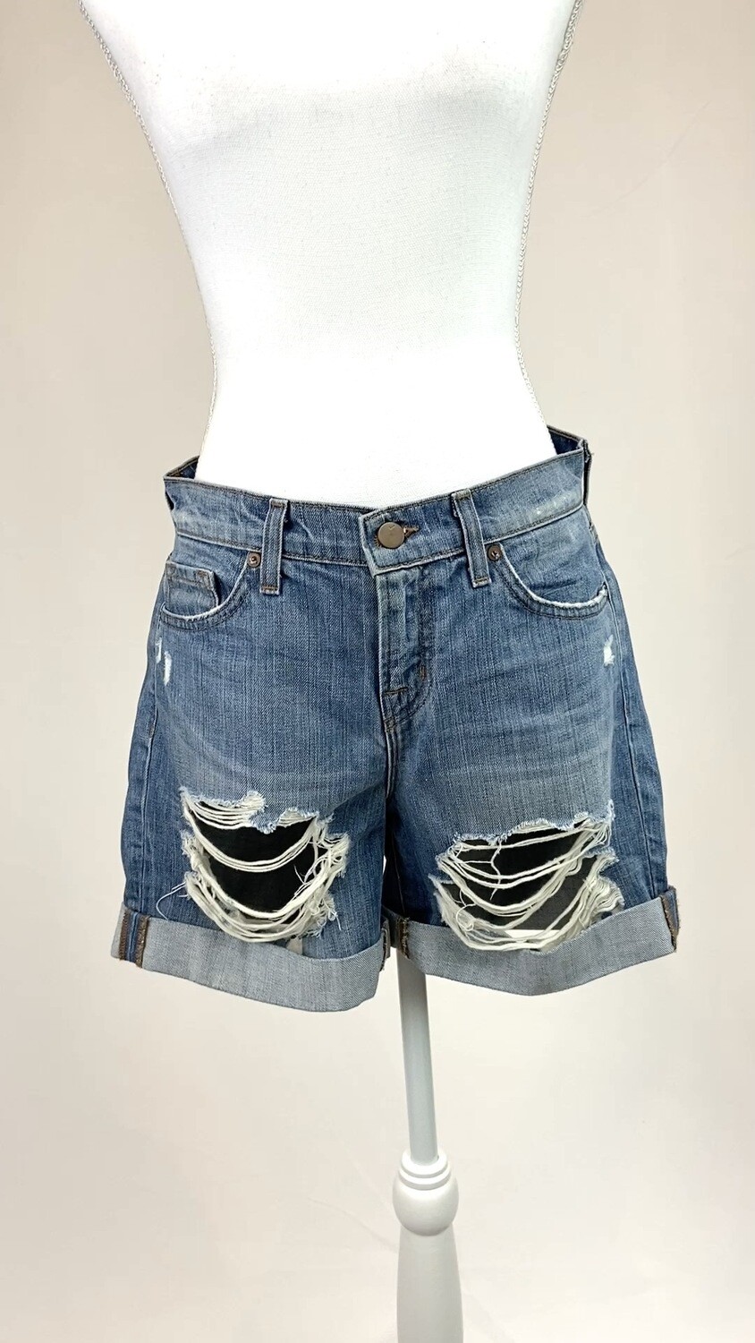 J Brand, Blue Distressed Fray Fold Hem Denim Shorts, Size 26
