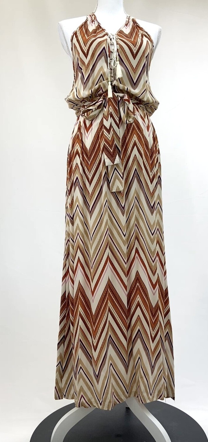 Melissa Odabash, Beige/Orange/Purple Zigzag Print Lacing Front S/Less Maxi Dress W/Tie Belt, Size S
