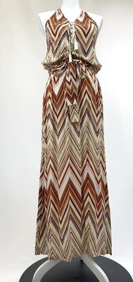 Melissa Odabash, Beige/Orange/Purple Zigzag Print Lacing Front S/Less Maxi Dress W/Tie Belt, Size S