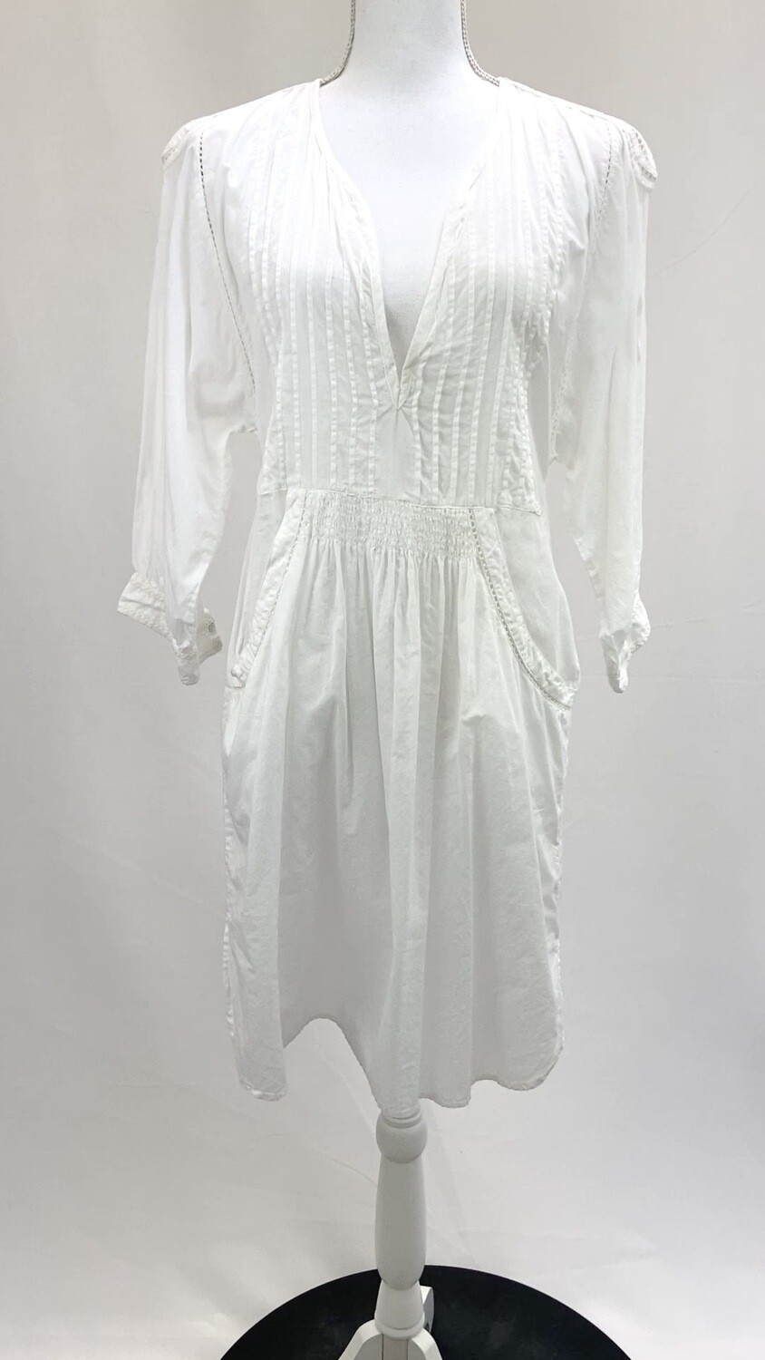 Day Birger, White Pleat Front Picot Trim Shirred Waist Pocket 3/4 Slv Dress, Size 38