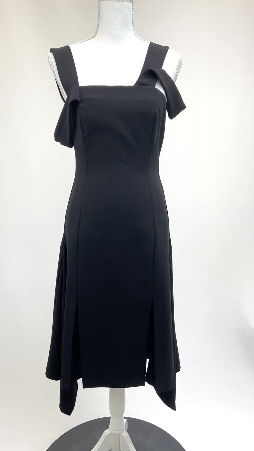 Demkiw, Black Scuba Crepe Double Twist Strap Flare Hanky Slit Hem Midi Dress, Size 8