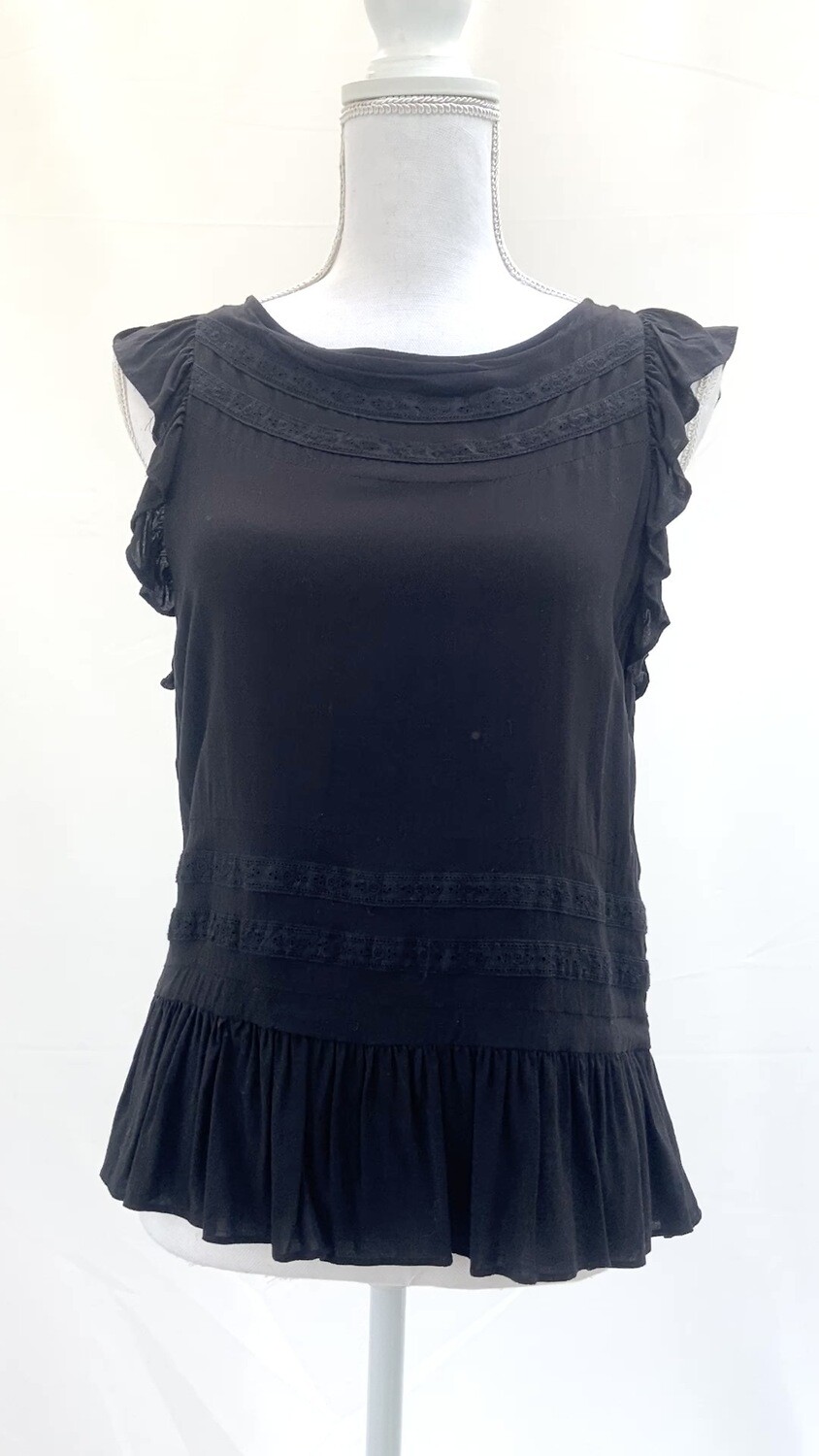 Flannel, Black Open Button Back Frill S/Less Top, Size 1