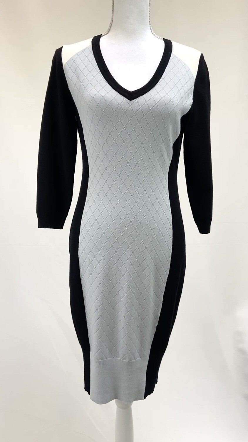 Karen Millen, Black/Lt Blue/Cream V-Neck 3/4 Slv Knit Dress, Size L