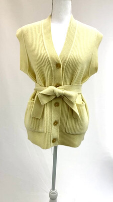 Oroton, Yellow Rib Pkt Gilet S/Less Wool Cardigan W/Tie Belt